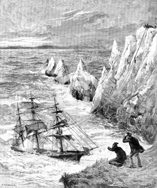 Wreck of the Irex at the Needles, Isle of Wight: rescue of the crew, 1890. Creator: P Naumann.