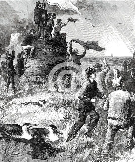 Wreck of the Strathmore on the Crozet Islands: Turf Tower erected by the Survivors...1876. Creator: W. H. O..