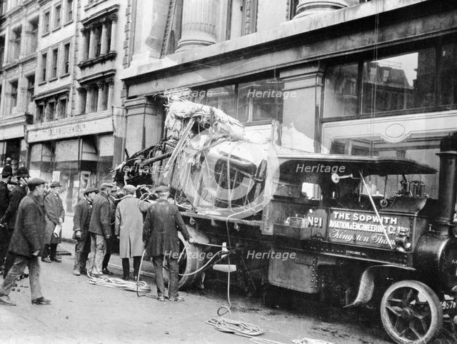 Wrecked Sopwith Atlantic aircraft from the Atlantic crossing attempt, Oxford Street, London, 1919. Creator: Unknown.