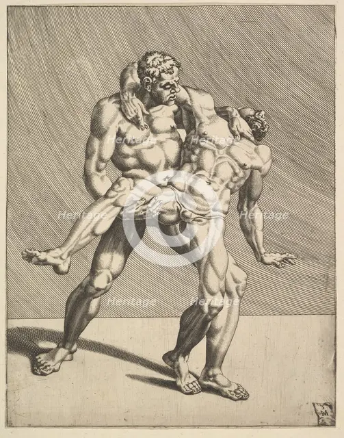 Wrestlers, from Wrestlers, plate 3, 1552. Creator: Dirck Volkertsen Coornhert.