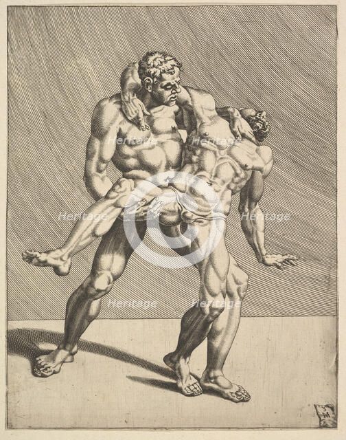 Wrestlers, from Wrestlers, plate 3, 1552. Creator: Dirck Volkertsen Coornhert.