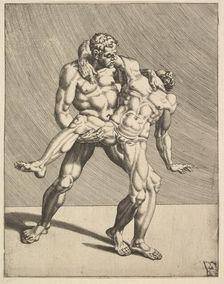 Wrestlers, from Wrestlers, plate 3, 1552. Creator: Dirck Volkertsen Coornhert