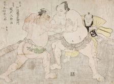 Wrestlers Kajigahama Rikiemon and Sekinoto Hachiroji, with the Umpire Kimura Shonosuke, 1785. Creator: Shunsho