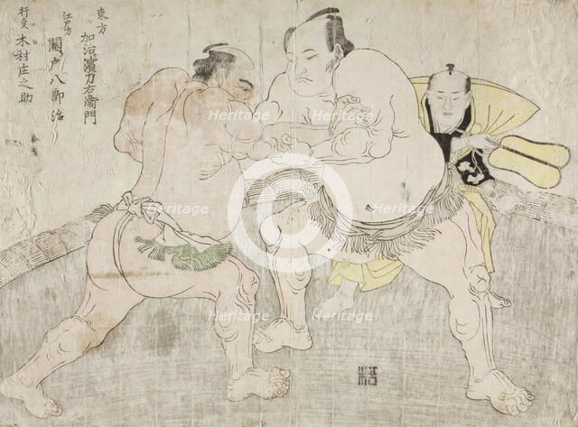 Wrestlers Kajigahama Rikiemon and Sekinoto Hachiroji, with the Umpire Kimura Shonosuke, 1785. Creator: Shunsho.