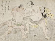 Wrestlers Kajigahama Rikiemon and Sekinoto Hachiroji, with the Umpire Kimura Shonosuke, 1785. Creator: Shunsho