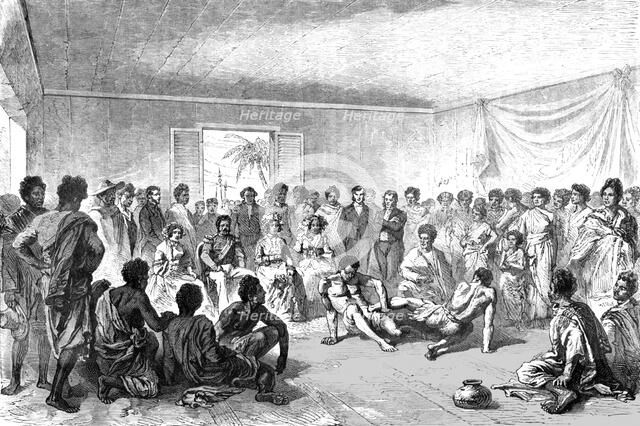'Wrestling Match before the Court of Tananarivo; Recent Explorations in Madagascar', 1875. Creator: Alfred Grandidier.