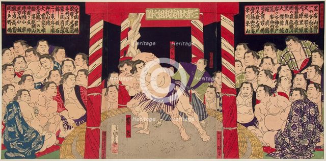 Wrestling match Umegatani vs Haibirya, 1860s-1870s.