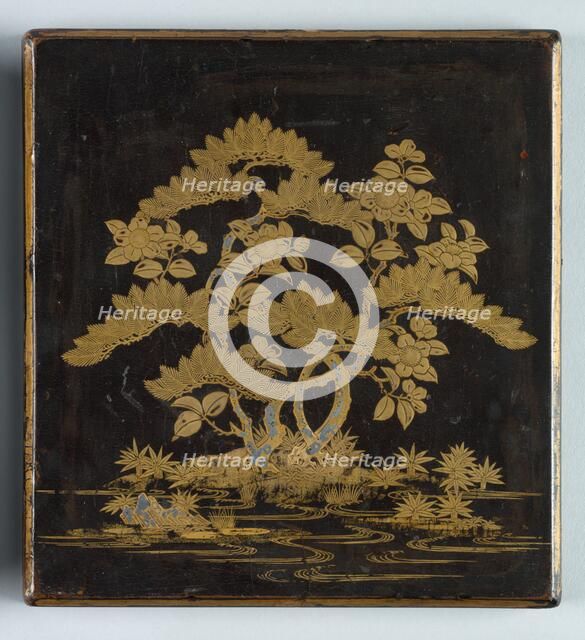 Writing Box (Suzuribako) with Design of Pine, Camellia and Bamboo (lid), 1400s. Creator: Unknown.