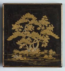 Writing Box (Suzuribako) with Design of Pine, Camellia and Bamboo (lid), 1400s. Creator: Unknown