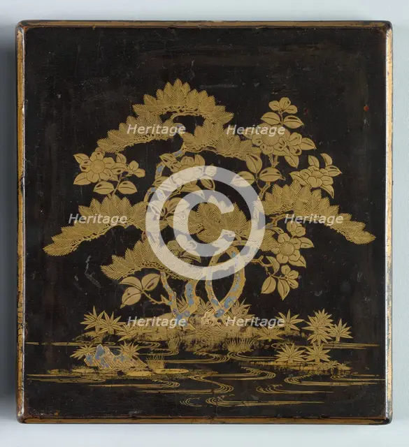 Writing Box (Suzuribako) with Design of Pine, Camellia and Bamboo (lid), 1400s. Creator: Unknown.