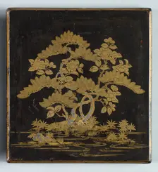 Writing Box (Suzuribako) with Design of Pine, Camellia and Bamboo (lid), 1400s. Creator: Unknown