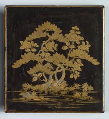 Writing Box (Suzuribako) with Design of Pine, Camellia and Bamboo (lid), 1400s. Creator: Unknown