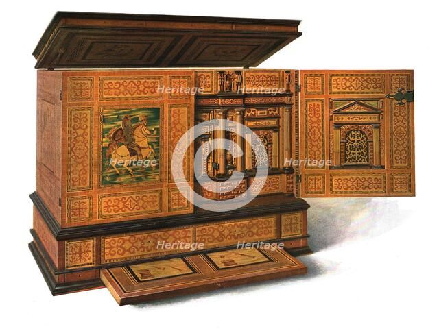 Writing cabinet inlaid with marquetry, 1904. Artist: Shirley Slocombe.