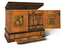 Writing cabinet inlaid with marquetry, 1904. Artist: Shirley Slocombe