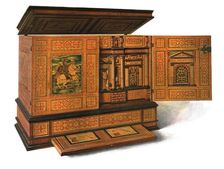 Writing cabinet inlaid with marquetry, 1904. Artist: Shirley Slocombe
