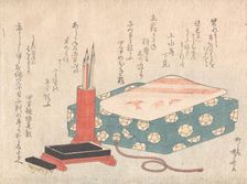 Writing Set and Poem Card Box (Shikishi-bako), from Spring Rain Surimono Album (Har..., ca. 1805-10. Creator: Shinsai