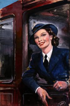WRNS waiting at railway carriage window, between 1939 and 1946. Creators: Central Office of Information, GH Davis