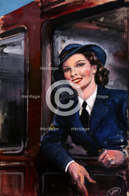 WRNS waiting at railway carriage window, between 1939 and 1946. Creators: Central Office of Information, GH Davis.
