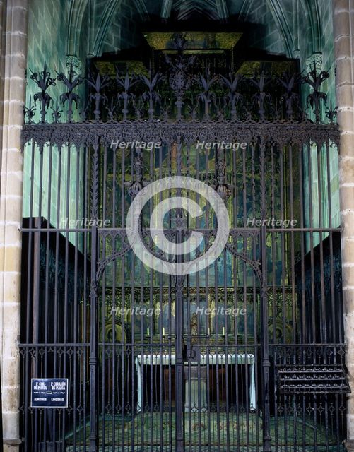 Wrought iron gate of the chapel of Saint Sebastian and Saint Tecla in the Barcelona Cathedral.