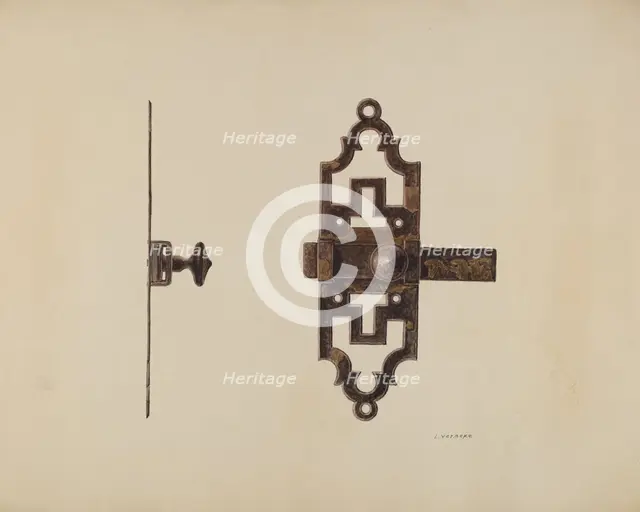 Wrought Iron Latch, c. 1938. Creator: Lucien Verbeke.