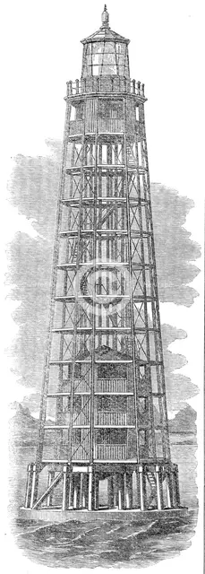 Wrought-iron lighthouse on the Ushruffee Reef, in the Strait of Jubal, in the Red Sea, 1862. Creator: Unknown.