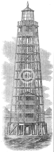 Wrought-iron lighthouse on the Ushruffee Reef, in the Strait of Jubal, in the Red Sea, 1862. Creator: Unknown.
