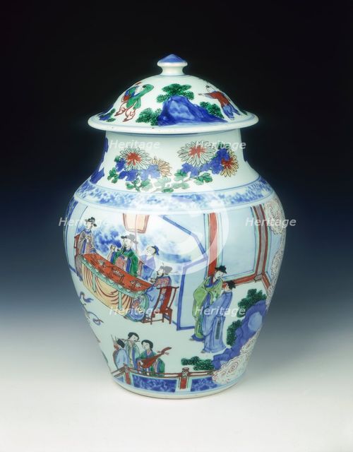 Wucai covered jar with banquet scene, early Kangxi period, Qing dynasty, China, 1662-1677. Creator: Unknown.