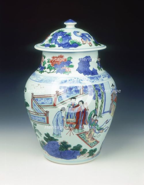 Wucai covered jar with banquet scene, early Kangxi period, Qing dynasty, China, 1662-1677. Creator: Unknown.