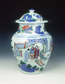 Wucai covered jar with banquet scene, early Kangxi period, Qing dynasty, China, 1662-1677. Creator: Unknown