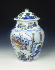 Wucai covered jar with banquet scene, early Kangxi period, Qing dynasty, China, 1662-1677