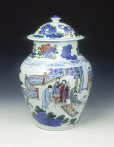 Wucai covered jar with banquet scene, early Kangxi period, Qing dynasty, China, 1662-1677