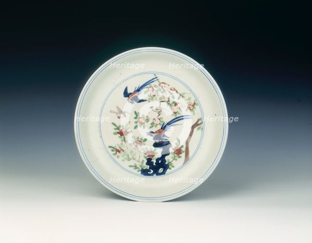 Wucai dish with song birds, Ming dynasty, China, 1573-1620. Creator: Unknown.