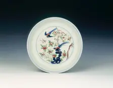 Wucai dish with song birds, Ming dynasty, China, 1573-1620. Creator: Unknown