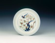 Wucai dish with song birds, Ming dynasty, China, 1573-1620. Creator: Unknown