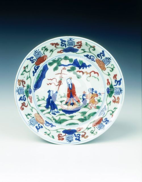 Wucai saucer with immortal and attendants, Wanli period, Ming dynasty, China, 1572-1620. Creator: Unknown.
