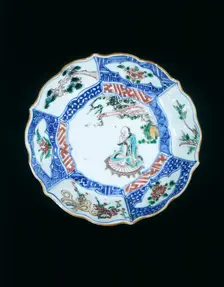 Wucai saucer with luohan on rush mat, Late Ming dynasty, China, 1621-1644. Creator: Unknown