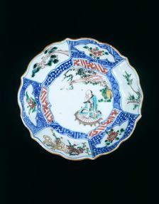 Wucai saucer with luohan on rush mat, Late Ming dynasty, China, 1621-1644