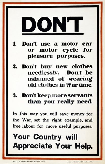WW1 Poster appealing to the public to support the war effort by being frugal, 1917.