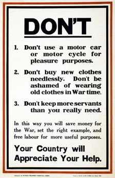 WW1 Poster appealing to the public to support the war effort by being frugal, 1917