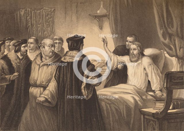 'Wycliffe on his Sick-Bed Assailed by the Friars', 1886. Artist: Herbert K Bourne.