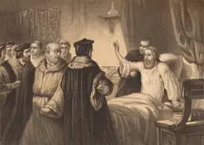 Wycliffe on his Sick-Bed Assailed by the Friars 1886. Artist: Herbert K Bourne