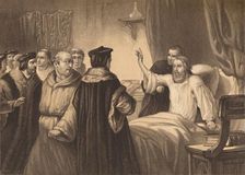 Wycliffe on his Sick-Bed Assailed by the Friars 1886. Artist: Herbert K Bourne