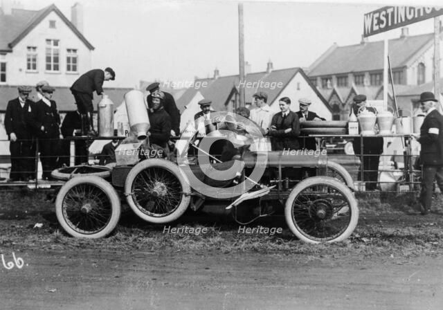T Thornycroft with his Thornycroft car at a TT race, 1908. Artist: Unknown