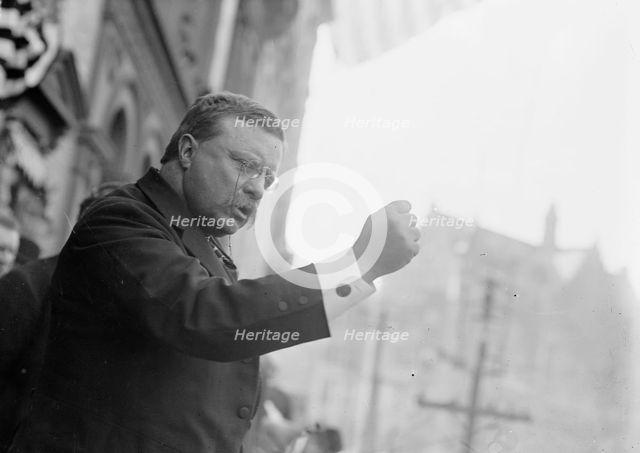 T. Roosevelt speaking, gesticulating with fist, outside, Yonkers, NY, 1910. Creator: Bain News Service.