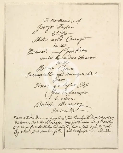 To the Memory of George Taylor Whose Skill and Courage in Manual Combat Would Have Done Ho..., 1782. Creator: Richard Livesay.