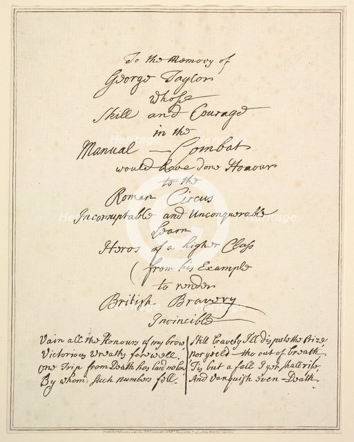 To the Memory of George Taylor Whose Skill and Courage in Manual Combat Would Have Done Ho..., 1782. Creator: Richard Livesay.