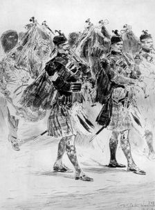 To the Wail of the Pipes, The Highland Soldiers Lament 1910.Artist: Richard Caton Woodville II