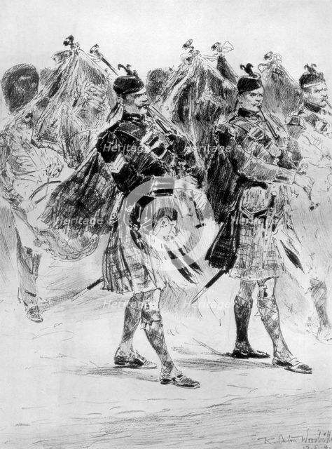 'To the Wail of the Pipes, The Highland Soldiers' Lament', 1910.Artist: Richard Caton Woodville II