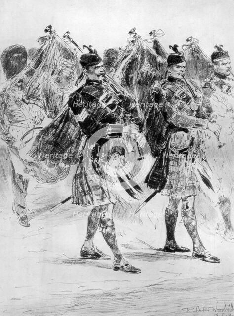'To the Wail of the Pipes, The Highland Soldiers' Lament', 1910.Artist: Richard Caton Woodville II