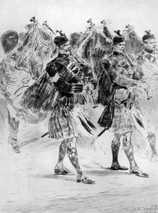 To the Wail of the Pipes, The Highland Soldiers Lament 1910.Artist: Richard Caton Woodville II